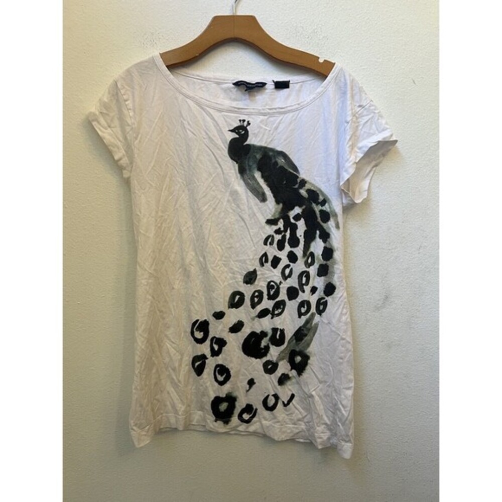 French Connection White Tee with Black Peacock Design